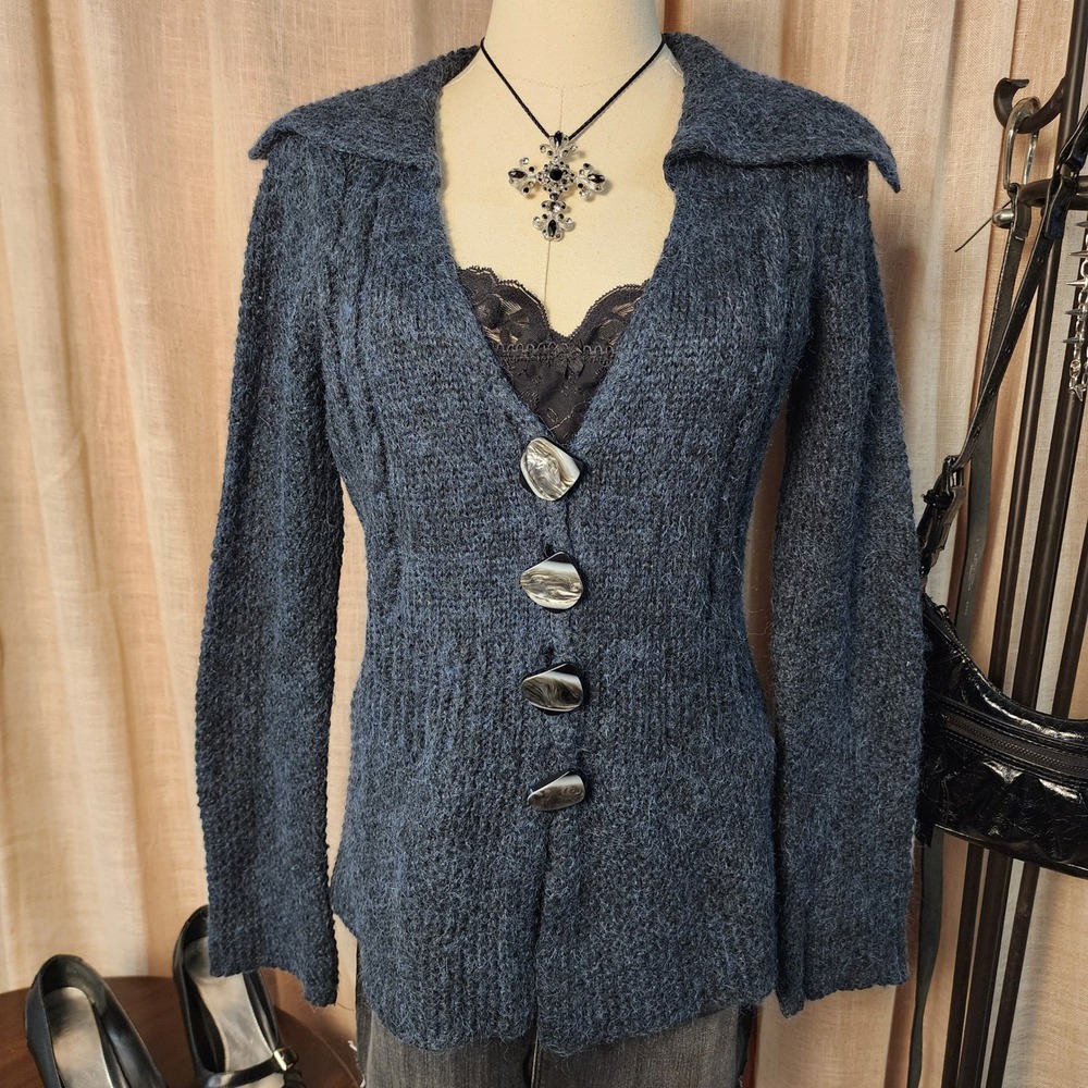 Per Una Italy Blue/Gry Alpaca Mohair Blend Fuzzy Cardigan S Y2K Statement Button
